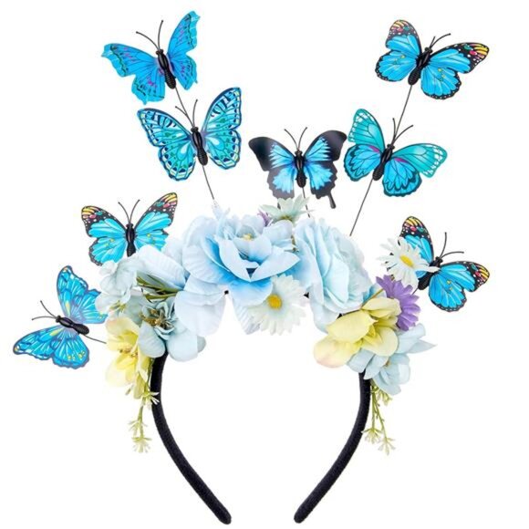 Blue Butterfly Flower Headband | Monarch Fascinator, Floral Crown for Women - Picture 2 of 5